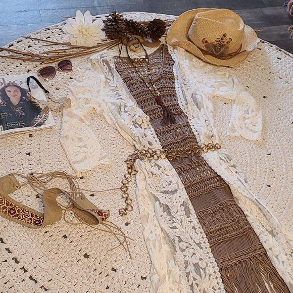 NWT BO HO CROCHET BEIGE UNIQUE LONG DRESS COVERUP - Picture 2 of 16